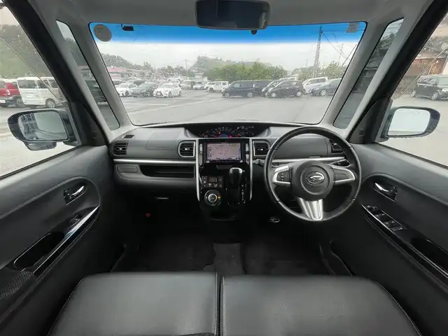 ダイハツ タント カスタム RS トップED SA 愛媛県 2015(平27)年 7.6万km ブラックマイカメタリック 社外ナビ（Bluetooth/SD/CD/DVD/ワンセグTV)/バックカメラ/両側パワースライドドア/ハーフレザーシート/ETC/社外16インチアルミホイール/純正フロアマット/純正ドアバイザー/LEDヘッドライト/フォグランプ/ABS/レーンキープアシスト/横滑り防止装置/盗難防止装置/衝突被害軽減ブレーキ/取扱説明書