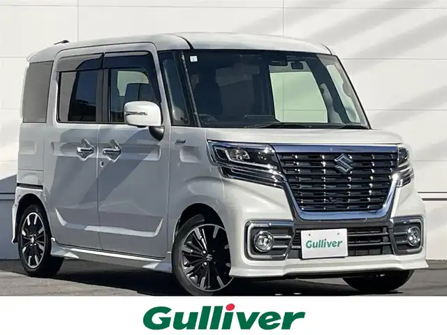 スズキ スペーシア カスタム HYBRID XS ターボ 佐賀県 2019(平31)年 7.9万km ピュアホワイトP デュアルセンサーブレーキサポート/クルーズコントロール/リアセンサー/純正8型SDナビ/・全方位カメラ/・フルセグTV/BT/CD/DVD/両側パワースライドドア/純正15インチAW/LEDヘッドライト/オートライト/フォグランプ/ハーフレザーシート（合皮）/シートヒーター/ETC/パドルシフト/ステアリングスイッチ/リアサーキュレーター/リアサンシェード/リアシートテーブル/プッシュスタート/フロアマット/エアバックW/サイド/カーテン/スペアキー×1/保証書