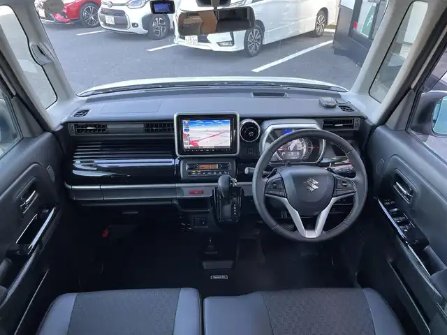 スズキ スペーシア カスタム HYBRID XS ターボ 佐賀県 2019(平31)年 7.9万km ピュアホワイトP デュアルセンサーブレーキサポート/クルーズコントロール/リアセンサー/純正8型SDナビ/・全方位カメラ/・フルセグTV/BT/CD/DVD/両側パワースライドドア/純正15インチAW/LEDヘッドライト/オートライト/フォグランプ/ハーフレザーシート（合皮）/シートヒーター/ETC/パドルシフト/ステアリングスイッチ/リアサーキュレーター/リアサンシェード/リアシートテーブル/プッシュスタート/フロアマット/エアバックW/サイド/カーテン/スペアキー×1/保証書