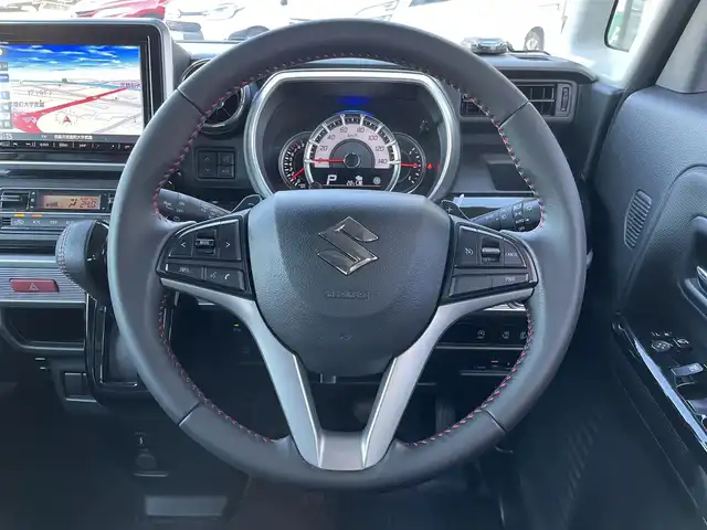 スズキ スペーシア カスタム HYBRID XS ターボ 佐賀県 2019(平31)年 7.9万km ピュアホワイトP デュアルセンサーブレーキサポート/クルーズコントロール/リアセンサー/純正8型SDナビ/・全方位カメラ/・フルセグTV/BT/CD/DVD/両側パワースライドドア/純正15インチAW/LEDヘッドライト/オートライト/フォグランプ/ハーフレザーシート（合皮）/シートヒーター/ETC/パドルシフト/ステアリングスイッチ/リアサーキュレーター/リアサンシェード/リアシートテーブル/プッシュスタート/フロアマット/エアバックW/サイド/カーテン/スペアキー×1/保証書