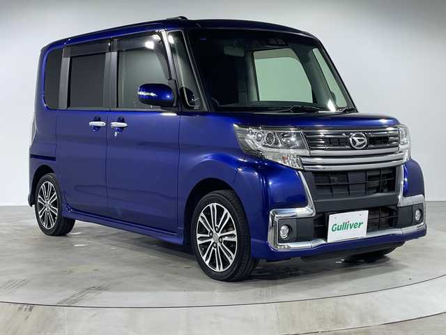 ダイハツ タント カスタム RS トップED SA Ⅲ 福岡県 2017(平29)年 7.4万km ディープブルークリスタルマイカ 禁煙車/社外メモリナビ/・CD/DVD/BT/フルセグTV/・バックモニター/スマートアシスト３/両側パワースライドドア/革巻きステアリング/・ステアリングリモコン/ETC/ハーフレザーシート/・シートヒーター（D）/アイドリングストップ/スマートキー/・スペアキー/・プッシュスタート/LEDヘッドライト/・オートライト/・フォグランプ/純正アルミホイール/純正フロアマット/純正ドアバイザー