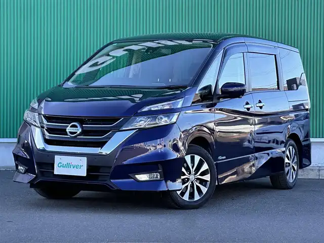 日産 セレナ ハイウェイスター 宮城県 2017(平29)年 8.1万km アズライトブルー LEDヘッドランプ/快適パック/ハンズフリーパワースライドドア（両側）/16インチアルミホイール/セーフティパックB/＝＝＝/エマージェンシーブレーキ/車線逸脱警報/純正フリップダウンモニター/純正9インチナビ（MM517D-L）/・CD/DVD/・Blu-ray/・Bluetooth/・フルセグTV/ドライブレコーダー/ビルトインETC/革巻きステアリング/ステアリングスイッチ/フォグランプ/オートライト/スマートキー＆プッシュスタート/スペアキー1本/電動格納ミラー/純正フロアマット/純正ドアバイザー