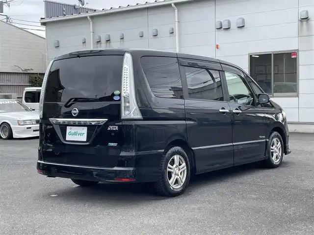 日産 セレナ ハイウェイS G Sハイブリッド 東京都 2013(平25)年 7.3万km スーパーブラック 7インチ純正ナビ/（CD/DVD/フルセグ）/Bluetooth/クルーズコントロール/プッシュスタート/オートライト/シフトロック機能/ETC/純正フロアマット/ドアバイザー/片側パワースライドドア/バックカメラ/社外スタットレスタイヤAR15インチ/盗難防止機能/スペアキー1本/スマートキー/保証書/取扱説明書