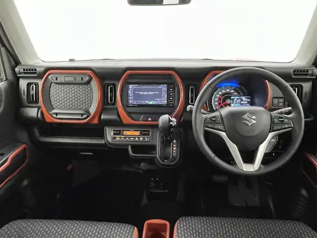 スズキ ハスラー HYBRID X 熊本県 2023(令5)年 2万km バーミリオンオレンジ/ガンメタリック2トーン 禁煙車　/純正OPタフスタイルデカールセット/純正OPインパネガーニッシュセット/純正OPドアトリムガーニッシュ/社外ナビ（ＣＤ・ＤＶＤ・フルセグ・ＢＴ・ＳＤ・ＵＳＢ）/バックカメラ　/純正前後ドライブレコーダー　/ビルトインＥＴＣ　/後ろのみクリアランスソナー　/前席シートヒーター　/スズキセーフティサポート/・デュアルセンサーブレーキサポート/・誤発進制御機能/・後退時ブレーキサポート/・後側誤発進抑制/・車線逸脱抑制機能/・車線逸脱警報機能/・ふらつき警報機能/・先行車発進お知らせ機能/・標識認識システム/・レーダークルーズコントロール　/横滑り防止/アイドリングストップ/純正フロアマット/純正１５インチAW/オートライト/LEDヘッドライト/フォグランプ/スマートキー/プッシュスタート/取扱説明書