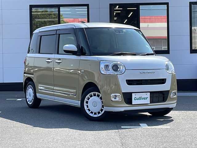 ダイハツ ムーヴ キャンバス ストライプス G 山口県 2023(令5)年 5万km シャイニングホワイトパール/サンドベージュメタリック 社外SDナビ　【KENWOOD】/フルセグTV/Bluetooth接続/DVD再生機能有/USB接続端子/バックカメラ/ドライブレコーダー/ETC/アイドリングストップ/衝突被害軽減システム/横滑り防止装置/プッシュスタート/スマートキー/スペアキーあり/両側パワースライドドア/スライドドアウェルカムボタン/電子パーキング/電動パーキングホールド機能/純正フロアマット/オートライト/LEDヘッドライト/純正LEDライト/純正スチールホイール/保証書/取扱説明書