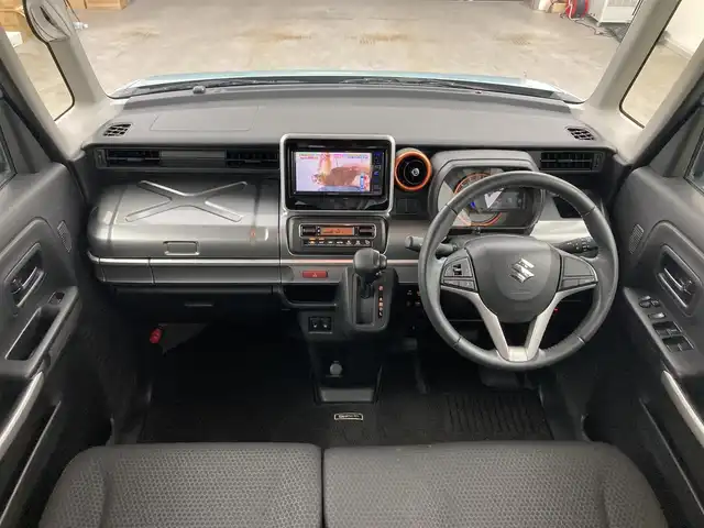スズキ スペーシア ギア HYBRID XZ 福島県 2019(平31)年 4.7万km オフブルーメタリック/ガンメタリック2トーンルーフ 純正ナビ/（CD/DVD/BT/フルセグ）/両側電動スライド/シートヒーター（運転席/助手席）/オートライト/ＬＥＤヘッドライト/LEDフォグランプ/ビルトインＥＴＣ/バックカメラ/コーナーセンサー（後）/レーンアシスト/プッシュスタート/純正フロアマット/踏み間違い防止/ISOFIX/リアサーキュレーター/後席サンシェイド/ステアリングスイッチ/チルトステアリング/シートリフター/シートバックテーブル/ウインカーミラー/スマートキー×1