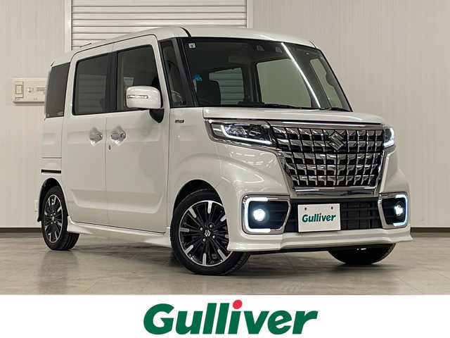 スズキ スペーシア カスタム HYBRID XS 熊本県 2022(令4)年 2.4万km ピュアホワイトP 社外メモリナビ（ＣＤ/ＤＶＤ/ＢＴ/ラジオ）/全方位カメラ/ＥＴＣ/前方ドライブレコーダー/両側パワースライドドア/後方コーナーセンサー/リアサーキュレーター/サンシェード/Ｄ席シートヒーター/ハーフレザーシート/衝突軽減システム/横滑り防止装置/レーンキープアシスト/プッシュスタート/スマートキー/純正15インチＡＷ/社外フロアマット/オートライト/フォグランプ