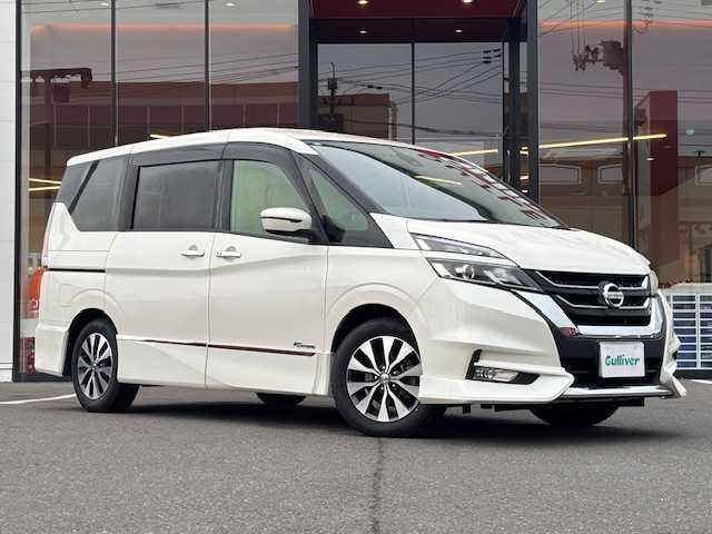 日産 セレナ ハイウェイスター G 宮城県 2017(平29)年 6.1万km ブリリアントホワイトパール 登録時走行距離60703km/純正ナビ/フルセグＴＶ/ＡＭ／ＦＭ／ＨＤＭＩ／ＡＵＸ／Ｂｌｕｅｔｏｏｔｈ/後席モニター/クルーズコントロール/横滑り防止装置/衝突軽減ブレーキ/電動格納ミラー/オートライト/純正アルミホイール/純正フロアマット/プッシュスタート/スマートキー