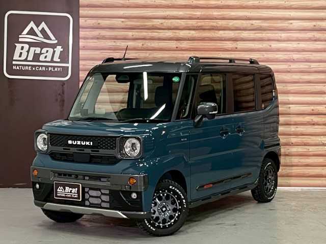 スズキ スペーシア ギア HYBRID XZターボ 福島県 2024(令6)年 0.1千km デニムブルー ガンメタリック 2トーン AIS検査済み/【2508027031】/両側パワスラ/前席シートヒーター/ステアリングヒーター/レーダークルーズ/パワーモード/アイドリングストップ/プッシュスタート/スマートキー/ウィンカーミラー/電格ミラー/LEDヘッドライト/ヘッドアップディスプレイ/リアサンシェード/クリアランスソナー/ルーフレール/14AW エクストリームJ　XJ04(社外）/マックストレックエクストリームR/T（社外）/タナベ　リフトアップキット（社外）/NOCT フェイスチェンジキット（社外）/フロントカメラ（社外）/モニター（社外）/社外パーツ取付有