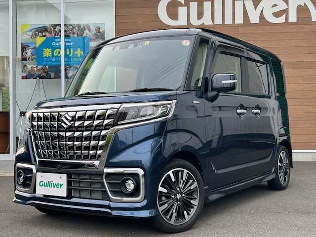 スズキ スペーシア カスタム HYBRID XS ターボ 静岡県 2023(令5)年 1.2万km インディゴブルーメタリック/ブラック ８インチナビ　フルセグＴＶ　ＤＶＤ再生　Ｂｌｕｅｔｏｏｔｈ　ＵＳＢ接続　全方位カメラ　連動前後ドライブレコーダー　ワンタッチ両側パワースライドドア　サーキュレーター　後席専用テーブル　後席両側ロールサンシェード　ＬＥＤライト　レーダークルーズ　ＬＫＡ　ＨＵＤ