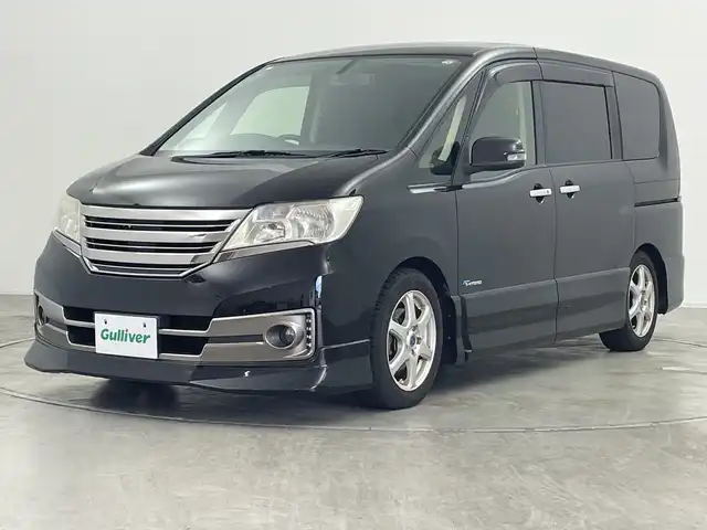 日産 セレナ ライダー Bライン Sハイブリッド 群馬県 2013(平25)年 9万km スーパーブラック 社外ナビ　社外１０．１型後席モニター　バックカメラ　クルーズコントロール　両側パワースライドドア　ＨＩＤヘッドライト　オートライト　社外アルミホイール１６インチ　車高調　ＥＴＣ　アイドリングストップ