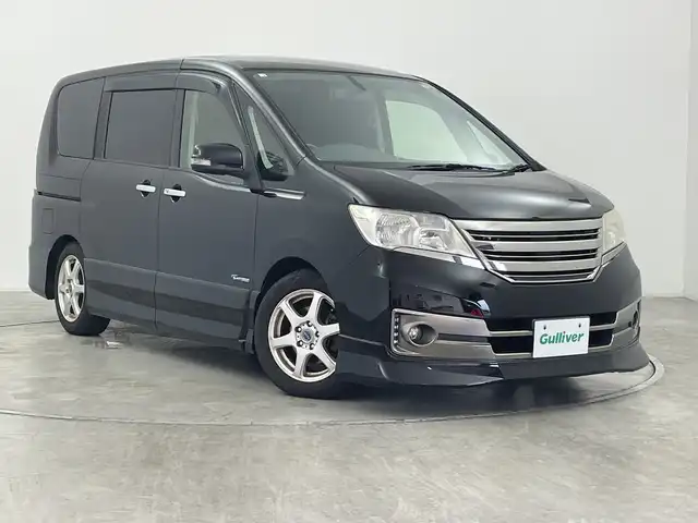 日産 セレナ ライダー Bライン Sハイブリッド 群馬県 2013(平25)年 9万km スーパーブラック 社外ナビ　社外１０．１型後席モニター　バックカメラ　クルーズコントロール　両側パワースライドドア　ＨＩＤヘッドライト　オートライト　社外アルミホイール１６インチ　車高調　ＥＴＣ　アイドリングストップ
