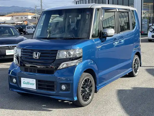 ホンダ Ｎ ＢＯＸ カスタム ターボ SSパッケージ 長崎県 2014(平26)年 8.4万km 青／シルバー 純正SDナビ/CD/DVD/BT/USB/フルセグTV/バックカメラ/両側パワースライドドア/ステアリングスイッチ/クルーズコントロール/パドルシフト/CTBA/LEDヘッドライト/オートライト