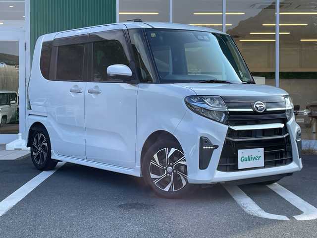ダイハツ タント カスタム X 愛媛県 2019(令1)年 6.2万km シャイニングホワイトパール 社外7インチナビ（MDV-D306BT)/・Bluetooth/・CD/DVD/バックカメラ/ETC/両側パワースライドドア/運転席ロングスライドシート/衝突軽減ブレーキ/前後コーナーセンサー/レーンキープアシスト/LEDヘッドライト/オートライト/ステアリングスイッチ/後席ロール式サンシェード/電格ミラー/純正14インチAW/純正フロアマット/ハーフレザーシート/ベンチシート/スマートキー
