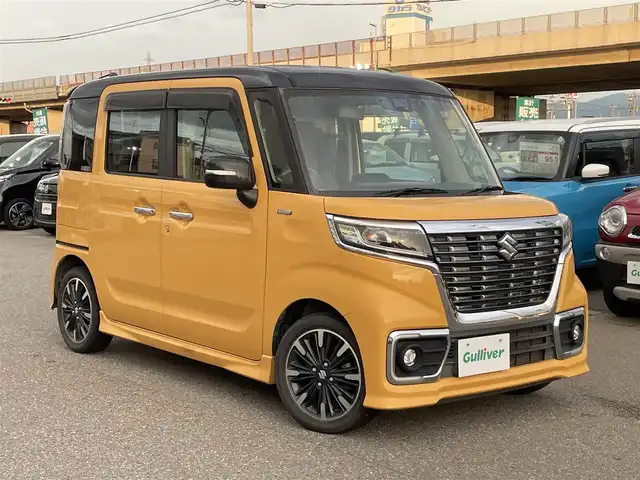 スズキ スペーシア カスタム HYBRID XS 石川県 2018(平30)年 5.9万km アクティブイエロー/ブラック2トーンルーフ 純正8型ナビ/フルセグTV/バックカメラ/LEDヘッドライト/ドライブレコーダー/両側パワースライドドア/スマートキー/プッシュスタート/電動ミラー/ハーフレザーシート/ベンチシート/オートライト/コーナーセンサー/衝突軽減ブレーキ