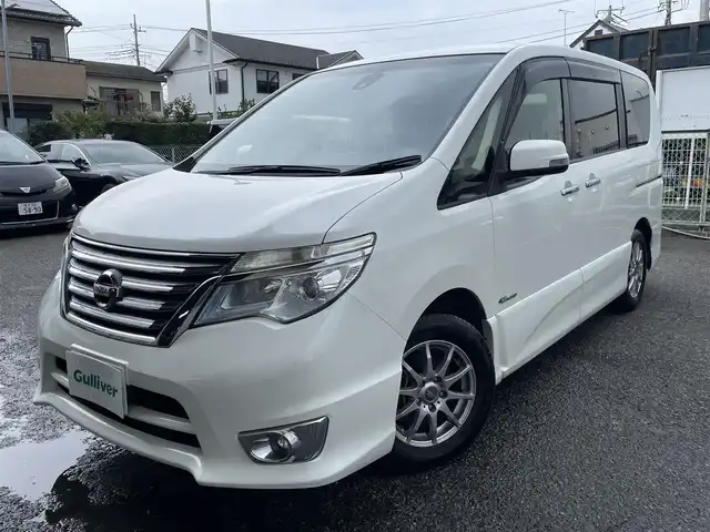 日産 セレナ HWS S HV Vセレ +Sefty 神奈川県 2015(平27)年 7万km ブリリアントホワイトパール 純正メモリナビ/フルセグ/Bluetooth/USB/DVD/CD/バックカメラ/ETC/クルーズコントロール/両側パワースライドドア/純正フロアマット/オートライト/横滑り防止装置/衝突軽減システム/保証書/取扱説明書/スペアキー×１