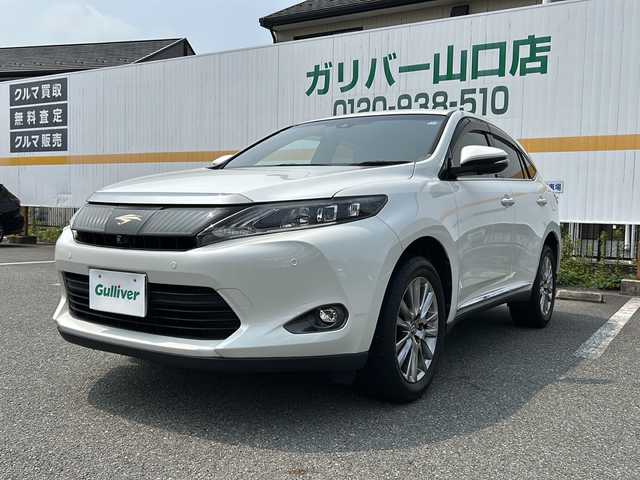 トヨタ ハリアー プレミアム アドバンスドP 山口県 2014(平26)年 7.4万km ホワイトパールクリスタルシャイン ワンオーナー/純正ナビ/　DVD/CD/SD/MSV/BT/USB/AUX/フルセグTV/JBLサウンド/全周囲カメラ/ハーフレザーシート/右前席パワーシート/純正LEDヘッドライト/純正フォグランプ/オートライト/オートハイビーム/純正１８インチアルミホイール/パワーバックドア/ウッドコンビステアリング/ステアリングスイッチ/クルーズコントロール/ナノイーAC/置くだけ充電/衝突被害軽減ブレーキ/LKA/横滑り防止/コーナーセンサー/アイドリングストップ/スマートキー×２/純正フロアマット/純正ドアバイザー/ETC/電動格納ウインカードアミラー