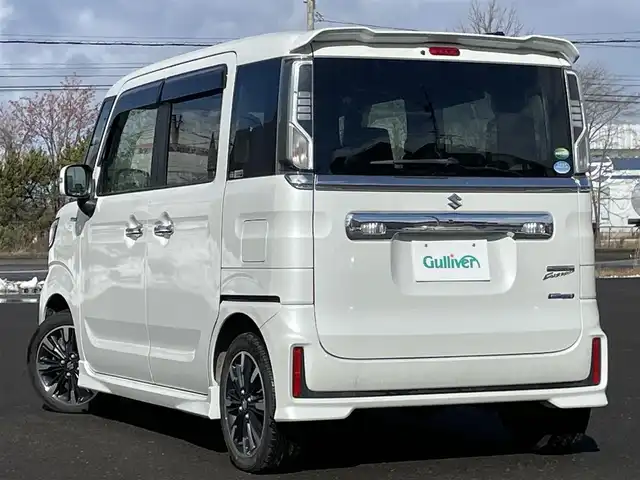 スズキ スペーシア カスタム HYBRID XS ターボ 道央・札幌 2018(平30)年 5.8万km ピュアホワイトP ４WD/ワンオーナー/社外オーディオ/AM/FM/USB/AUX/横滑り防止装置/クルーズコントロール/アイドリングストップ/PWRMODE/両側パワースライドドア/前席シートヒーター/ハーフレザーシート/革巻きステアリング/ステアリングリモコン/パドルシフト/プッシュスタート/スマートキー/LEDヘッドライト/オートライト/フォグランプ/電動格納ミラー/ヒーテッドドアミラー/ウィンカーミラー/純正フロアマット/ドアバイザー/スペアキー