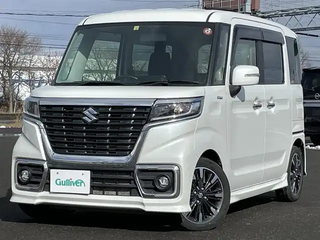 スズキ スペーシア カスタム HYBRID XS ターボ 道央・札幌 2018(平30)年 5.8万km ピュアホワイトP ４WD/ワンオーナー/社外オーディオ/AM/FM/USB/AUX/横滑り防止装置/クルーズコントロール/アイドリングストップ/PWRMODE/両側パワースライドドア/前席シートヒーター/ハーフレザーシート/革巻きステアリング/ステアリングリモコン/パドルシフト/プッシュスタート/スマートキー/LEDヘッドライト/オートライト/フォグランプ/電動格納ミラー/ヒーテッドドアミラー/ウィンカーミラー/純正フロアマット/ドアバイザー/スペアキー