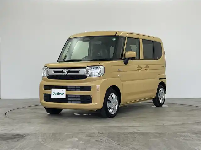 スズキ スペーシア HYBRID X 福島県 2024(令6)年 0.1万km 黄 禁煙車　純正ナビ（ＢＴ，ＵＳＢ，アップルカープレイ、フルセグ）全方位カメラ　両側パワスラ　衝突軽減システム　標識認識機能　コーナーセンサー　シートヒーター　レーンキープアシスト　アイドリングストップ