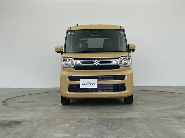スズキ スペーシア HYBRID X 福島県 2024(令6)年 0.1万km 黄 禁煙車　純正ナビ（ＢＴ，ＵＳＢ，アップルカープレイ、フルセグ）全方位カメラ　両側パワスラ　衝突軽減システム　標識認識機能　コーナーセンサー　シートヒーター　レーンキープアシスト　アイドリングストップ