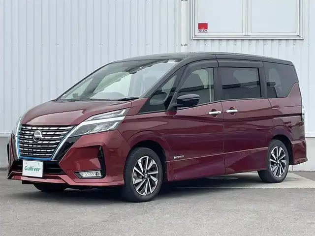 日産 セレナ e－パワー ハイウェイスター G 愛媛県 2019(令1)年 4.8万km マルーンレッド 2トーン 純正ナビ/(Bluetooth/CD/SD/DVD/USB/AUX/フルセグ)/プロパイロット/ビルトインETC/アラウンドビューカメラ/デジタルインナーミラー/前方ドライブレコーダー/フリップダウンモニター/純正15インチアルミホイール/レーンキープアシスト/オートライト/オートマチックハイビーム/レザーシート/シートヒーター/ステアリングヒーター/プッシュスタート/スマートキー/LEDヘッドライト/フォグランプ/電動パーキングホールド/オートブレーキホールド/横滑り防止装置/盗難防止装置/衝突被害軽減ブレーキ/純正ドアバイザー/純正フロアマット/電動格納ミラー/リアロールサンシェード