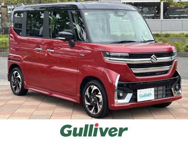 スズキ スペーシア カスタム HYBRID XS ターボ 福島県 2023(令5)年 0.2万km フェニックスレッドパール/ブルーイッシュブラックパール デュアルセンサーブレーキサポート/アダプティブクルーズコントロール/車線逸脱抑制機能/車線逸脱警報機能/ヘッドアップディスプレイ/純正ナビゲーション/【USB/BT/TV】/全方位モニター/両側電動スライドドア/前席シートヒーター/ステアリングヒーター/ステアリングリモコン/パドルシフト/アイドリングストップ/シートバックテーブル/リアドアロールサンシェード/リアサーキュレーター/マルチユースフラップ/LEDオートライト/LEDフォグランプ/純正フロアマット