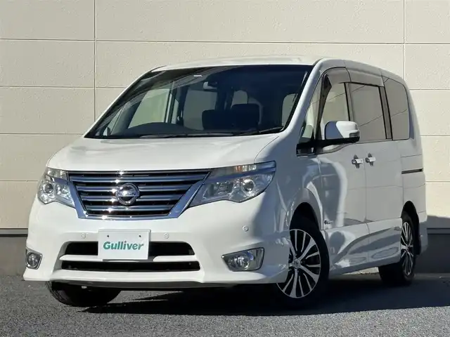 日産 セレナ ハイウェイS G S HV Aセーフ 茨城県 2014(平26)年 6.7万km ブリリアントホワイトパール 純正ナビ/　(CD/DVD/USB/Bluetooth/ワンセグ)/後席モニター/アラウンドビューモニター/クルーズコントロール/両側パワースライドドア/ETC/LEDヘッドライト/社外スタッドレスタイヤ付属/純正アルミホイール/レーンキープアシスト/コーナーセンサー/オートライト/Wエアバック