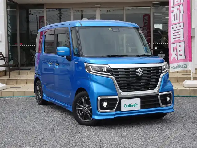 スズキ スペーシア カスタム HYBRID XS ターボ 千葉県 2018(平30)年 2.5万km ブリスクブルーM ワンオーナー/純正ナビ/・フルセグTV/・Bluetooth/・全方位モニター/・DVD再生/スズキセーフティサポート/・デュアルブレーキサポート/・誤発進抑制機能/・車線逸脱警報/・標識認識機能/・後退時ブレーキサポート/・リヤパーキングセンサー/クルーズコントロール/HUD/両側パワースライドドア/ビルトインETC2.0/スマートキー2本/パドルシフト/アイドリングストップ/ウィンカーミラー/フォグランプ/アクセサリーソケット（F/R）/純正ドアバイザー/純正フロアマット/純正AW4本積込（サマータイヤ）/保証書