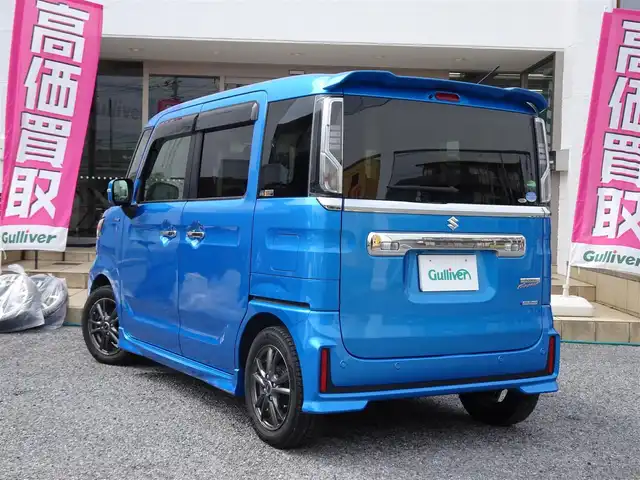 スズキ スペーシア カスタム HYBRID XS ターボ 千葉県 2018(平30)年 2.5万km ブリスクブルーM ワンオーナー/純正ナビ/・フルセグTV/・Bluetooth/・全方位モニター/・DVD再生/スズキセーフティサポート/・デュアルブレーキサポート/・誤発進抑制機能/・車線逸脱警報/・標識認識機能/・後退時ブレーキサポート/・リヤパーキングセンサー/クルーズコントロール/HUD/両側パワースライドドア/ビルトインETC2.0/スマートキー2本/パドルシフト/アイドリングストップ/ウィンカーミラー/フォグランプ/アクセサリーソケット（F/R）/純正ドアバイザー/純正フロアマット/純正AW4本積込（サマータイヤ）/保証書