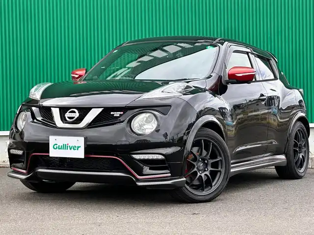 日産 ジューク ニスモ RS 宮城県 2014(平26)年 2万km スーパーブラック アラウンドビューモニター/＝＝＝/純正7インチナビ/(フルセグTV/CD/DVD/SD/BT/USB/AUX)/4WD/ビルトインETC/MTモード付AT/パドルシフト/オートエアコン/オートライト/革巻きステアリング/プッシュスタート＆スマートキー/ウインカー付き電動格納ミラー/ドアバイザー/ふらつき防止/HIDヘッドライト/フォグランプ/純正フロアマット/ENKEI18インチアルミホイール