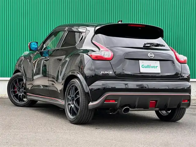 日産 ジューク ニスモ RS 宮城県 2014(平26)年 2万km スーパーブラック アラウンドビューモニター/＝＝＝/純正7インチナビ/(フルセグTV/CD/DVD/SD/BT/USB/AUX)/4WD/ビルトインETC/MTモード付AT/パドルシフト/オートエアコン/オートライト/革巻きステアリング/プッシュスタート＆スマートキー/ウインカー付き電動格納ミラー/ドアバイザー/ふらつき防止/HIDヘッドライト/フォグランプ/純正フロアマット/ENKEI18インチアルミホイール