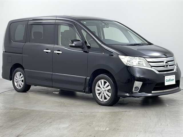 日産 セレナ ハイウェイスター 道央・札幌 2013(平25)年 5.9万km スーパーブラック ・純正ナビ（ＴＶ＆CD＆SD）/・両側パワースライドドア/・バックカメラ/・ＥＴＣ/・クルーズコントロール/・アイドリングストップ/・オートライト/・スマートキー/・ドライブレコーダー/・ウォークスルー/・社外前後ドライブレコーダー