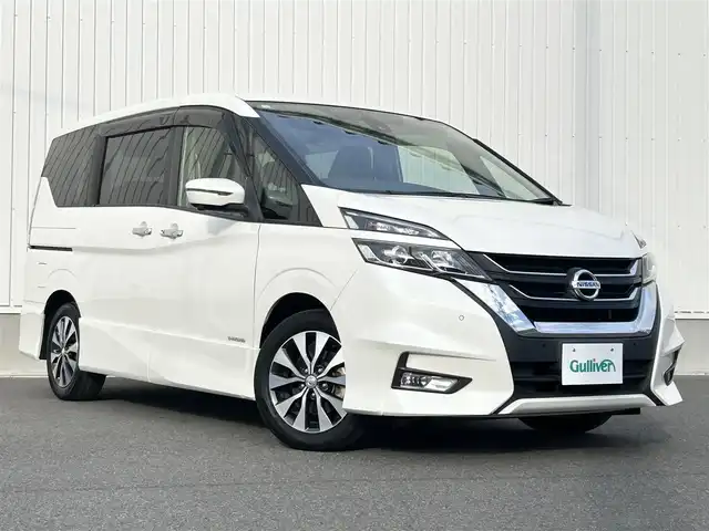 日産 セレナ ハイウェイスターVセレクションⅡ 群馬県 2019(平31)年 5.2万km ブリリアントホワイトパール ワンオーナー/純正9インチメモリナビ/（CD/DVD/SD/USB/Bluetooth）/フルセグテレビ/純正フリップダウンモニター/セーフティパックB/・プロパイロット/・車線逸脱防止支援システム/・インテリジェントアラウンドビューモニター/・インテリジェントルームミラー/・踏み間違い衝突防止アシスト/・インテリジェントパーキングアシスト/・標識検知機能/・フロント＿バックソナー/・電動パーキングブレーキ/・オートブレーキホールド/・ヒーター付ドアミラー/・SRSエアバック（カーテン/サイド）/インテリジェントエマージェンシーブレーキ/両側ハンズフリーパワースライドドア/ハイビームアシスト/ステアリングリモコン/プッシュスタート/ドライブレコーダー/ETC/LEDヘッドランプ/純正16インチアルミホイール/2列目超ロングスライド/横スライドシート/スライド機構付スマートアップ3列目シート/パーソナルテーブル（2列目/3列目）/USB電源ソケット（2列目/3列目）/黒革調シートカバー/保証書/取扱説明書/スペアキー