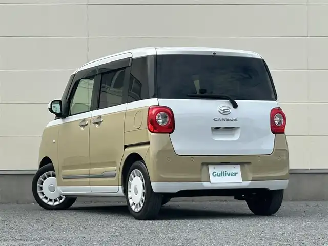 ダイハツ ムーヴ キャンバス ストライプス G ターボ 茨城県 2022(令4)年 2.5万km シャイニングホワイトパール/サンドベージュメタリック 純正ナビ/(AM/FM/CD/DVD/Bluetooth)/フルセグ/純正前方ドライブレコーダー/ETC/クルーズコントロール/両側パワースライドドア/前席シートヒーター/衝突軽減ブレーキ/横滑り防止措置/アイドリングストップ/コーナーセンサー/純正ドアバイザー/純正フロアマット/フォグランプ/プッシュスタート/スマートキー