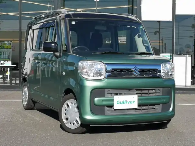 スズキ スペーシア HYBRID X 茨城県 2019(令1)年 4万km ツールグリーンパールメタリック/ブラック2トーン 衝突軽減ブレーキ/後コーナーセンサー/社外ナビ（フルセグTV/Bluetooth/CD/DVD/両側パワースライドドア/シートヒーター/ETC/ドラレコ/ルーフレール