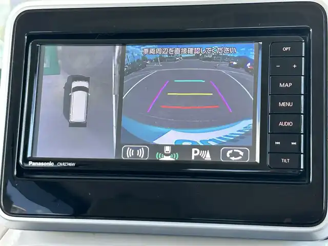 スズキ スペーシア HYBRID X 2トーン 奈良県 2018(平30)年 5.3万km オフブルーメタリック/ホワイト2トーン 純正ナビ/（フルセグ／ＢＴ／ＣＤ／ＤＶＤ）/全方位モニター/コーナーセンサー（後方）/衝突軽減システム/レーンキープアシスト/アイドリングストップ/両側パワースライドドア/ヘッドアップディスプレイ/運転席シートヒーター/後席サンシェード/純正ホイールキャップ/スペアキー