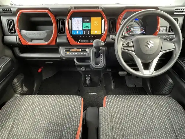 スズキ ハスラー HYBRID G 福岡県 2021(令3)年 1.6万km バーミリオンオレンジ/ガンメタリック2トーン 純正9インチナビ/(AM/FM/USB/CD/DVD/Bluetooth/フルセグTV)/バックカメラ/アラウンドビューカメラ/ビルトインETC/クリアランスソナー/車線逸脱警報/デュアルカメラサポートブレーキ/オートライト/盗難防止装置/横滑り防止機能/D/N席シートヒーター/ステアリングスイッチ/アイドリングストップ/電格ミラー/ドアバイザー/プッシュスタート/純正フロアマット/ナビ取扱説明書/取扱説明書/保証書/スペアキー×１