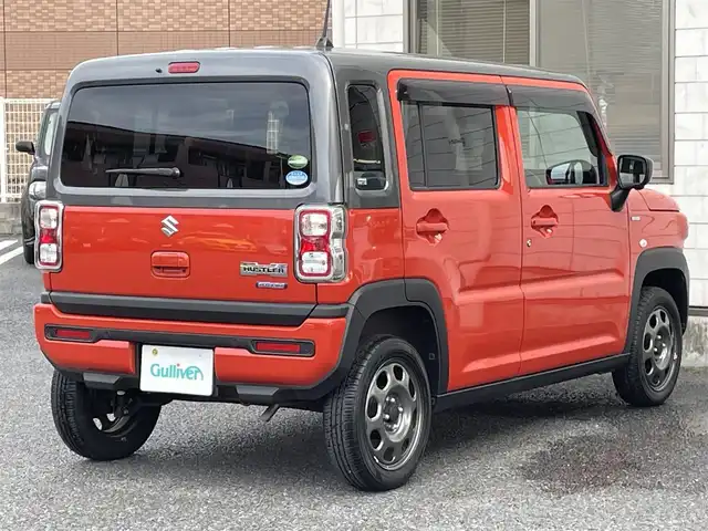 スズキ ハスラー HYBRID G 福岡県 2021(令3)年 1.6万km バーミリオンオレンジ/ガンメタリック2トーン 純正9インチナビ/(AM/FM/USB/CD/DVD/Bluetooth/フルセグTV)/バックカメラ/アラウンドビューカメラ/ビルトインETC/クリアランスソナー/車線逸脱警報/デュアルカメラサポートブレーキ/オートライト/盗難防止装置/横滑り防止機能/D/N席シートヒーター/ステアリングスイッチ/アイドリングストップ/電格ミラー/ドアバイザー/プッシュスタート/純正フロアマット/ナビ取扱説明書/取扱説明書/保証書/スペアキー×１