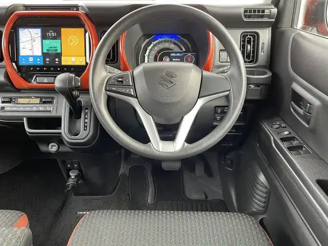 スズキ ハスラー HYBRID G 福岡県 2021(令3)年 1.6万km バーミリオンオレンジ/ガンメタリック2トーン 純正9インチナビ/(AM/FM/USB/CD/DVD/Bluetooth/フルセグTV)/バックカメラ/アラウンドビューカメラ/ビルトインETC/クリアランスソナー/車線逸脱警報/デュアルカメラサポートブレーキ/オートライト/盗難防止装置/横滑り防止機能/D/N席シートヒーター/ステアリングスイッチ/アイドリングストップ/電格ミラー/ドアバイザー/プッシュスタート/純正フロアマット/ナビ取扱説明書/取扱説明書/保証書/スペアキー×１
