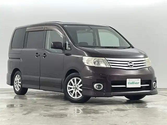 日産 セレナ ハイウェイスター 福島県 2007(平19)年 17.2万km ディープカシス 純正エアロ/純正7インチマルチナビ/・CD/DVD/FM/AM/バックカメラ/両側パワースライドドア/HIDオートライト/・フォグランプ/3列シート/・ウォークスルー/社外15インチアルミホイール付きスタッドレスタイヤ/ETC/革ステアリング/・ステアリングリモコン/純正フロアマット/電動格納ミラー/AC100V/プラズマクラスター/スマートキー