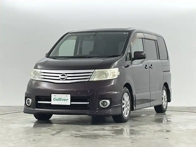 日産 セレナ ハイウェイスター 福島県 2007(平19)年 17.2万km ディープカシス 純正エアロ/純正7インチマルチナビ/・CD/DVD/FM/AM/バックカメラ/両側パワースライドドア/HIDオートライト/・フォグランプ/3列シート/・ウォークスルー/社外15インチアルミホイール付きスタッドレスタイヤ/ETC/革ステアリング/・ステアリングリモコン/純正フロアマット/電動格納ミラー/AC100V/プラズマクラスター/スマートキー