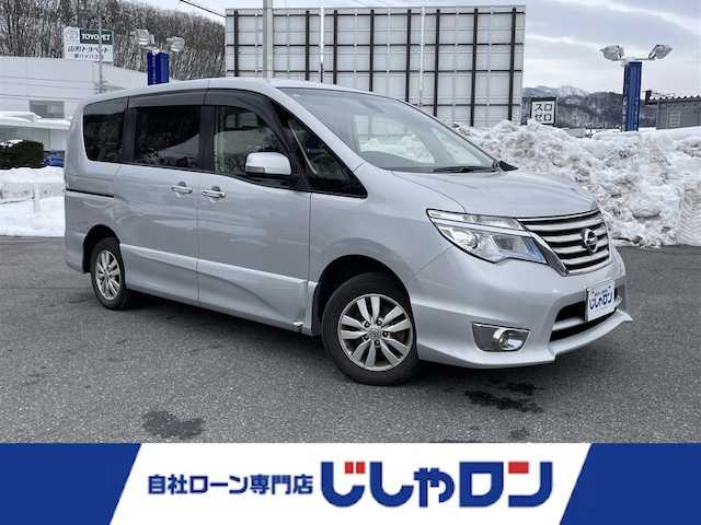 日産 セレナ ハイウェイスター 山形県 2014(平26)年 9.8万km ブリリアントシルバー (株)IDOMが運営する【じしゃロン山形店】の自社ローン専用車両になります。/こちらは現金またはオートローンご利用時の価格です。/自社ローンご希望の方は別途その旨お申付け下さい。/純正ナビ/（CD/TV/Bluetooth/AM/FM）/バックカメラ/両側パワースライドドア/クルーズコントロール/アイドリングストップ/横滑り防止/レーンアシスト/スマートキー/プッシュスタート/電格ミラー/バイザー