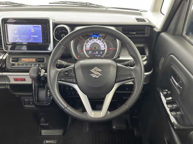 スズキ スペーシア カスタム HYBRID XS 千葉県 2018(平30)年 5.5万km ブルーイッシュブラックパール3 禁煙車/社外ナビ　MDV-D305W（ワンセグTV/BT/CD/SD）/バックカメラ/両側パワースライドドア　/前方ドライブレコーダー /ETC/ステアリングリモコン/デュアルセンサーブレーキサポート/車線逸脱警告/ハーフレザーシート/運転席シートヒーター/LEDヘッドライト/LEDフォグランプ/プッシュスタート/スマートキー/後席サーキュレーター/後席サンシェード/純正アルミホイール15インチ/純正フロアマット/純正ドアバイザー