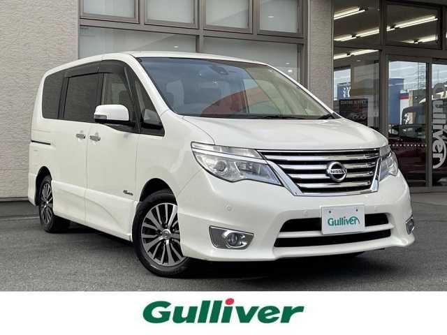 日産 セレナ HWS S HV Vセレ +SeftyⅡ 大阪府 2015(平27)年 11.9万km ブリリアントホワイトパール 純正SDナビ/（フルセグ/BT/CD/DVD）/フリップダウンモニター/バックカメラ/全方位カメラ/両側パワースライドドア/クルーズコントロール/レーンキープアシスト/エマージェンシーブレーキ/アイドリングストップ/横滑り防止システム/前後コーナーセンサー/前後ドライブレコーダー/純正16インチAW/ETC/プッシュスタート/保証書/取扱説明書/スペアキー　有