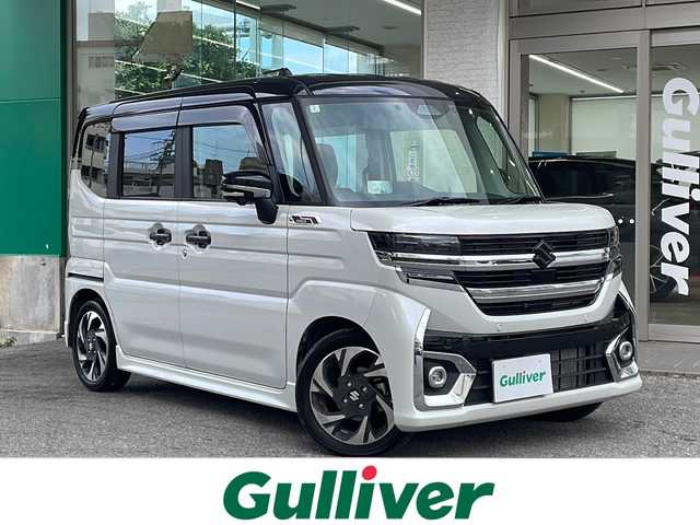 スズキ スペーシア カスタム HYBRID XS ターボ 茨城県 2024(令6)年 0.7万km ピュアホワイトパール/ブラック2トーン ・禁煙車　/・メーカーOP９インチナビ（ＢＴ　フルセグＴＶ）/・全方位カメラ　/・スマートキー　/・ビルトインＥＴＣ　/・デュアルブレーキサポートII　/・純正前後ドライブレコーダー　/・レーダークルーズコントロール　/・ハーフレザーシート/・シートヒーター/・両側電動スライドドア/・パドルシフト/・電子パーキング/・ＬＥＤヘッドライト/・フォグライト/・オートライト/・サーキュレーター