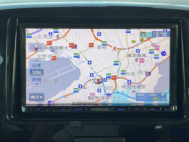スズキ スペーシア カスタム XS 沖縄県 2014(平26)年 12.4万km フェニックスレッドパール/ブルーイッシュブラックパール 禁煙車　/社外ナビ　フルセグＴＶ　/両側パワースライドドア　/ハーフレザーシート　/ＤＮ席シートヒーター　/ＨＩＤヘッドライト　/オートライト　/革巻きステアリング　/ステアリングスイッチ　/リアロールサンシェード/スマートキー