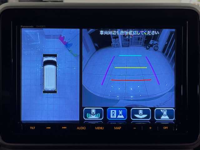 スズキ スペーシア HYBRID X 埼玉県 2023(令5)年 0.1万km オフブルーM スズキセーフティサポート/　・デュアルカメラブレーキサポート/　・誤発進抑制機能（前方・後方）/　・後退時ブレーキサポート/　・車線逸脱警報機能/　・車線逸脱抑制機能/　・ふらつき警報機能/純正8インチナビ【CN-RZ875】/　　（フルセグ・CD・DVD・SD・USB・BT）/全方位モニターカメラ/両側パワースライドドア/純正前後ドライブレコーダー/ビルトインETC/ステアリングスイッチ/前席シートヒーター/後席サンシェード/後席サーキュレーター/電動格納ミラー/フロアマット/ドアバイザー/スマートキー/Pスタート