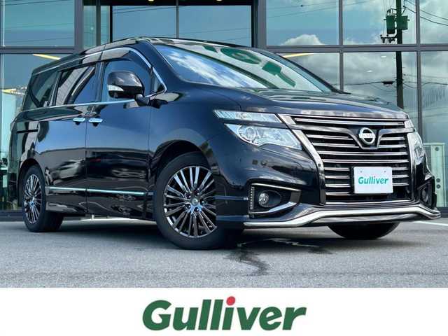 日産 エルグランド 350HWS ジェットブラック アーバンクロム 愛媛県 2018(平30)年 5.6万km ファントムブラック 純正8型ナビ/全周囲カメラ/両側電動スライドドア/フリップダウンモニター/ドライブレコーダー/アダプティブクルーズコントロール/クリアランスソナー/電動リアゲート/茶革温電動シート/シートメモリー機能/エンジンスターター/100V/100Wコンセント/リバース連動ミラー/電格ミラー/ステアリングリモコン/車線逸脱防止装置/衝突被害軽減装置/現状サマー(純正AＷ)(225/55/R18)/YOKOHAMA ADVANdB V552/禁煙車