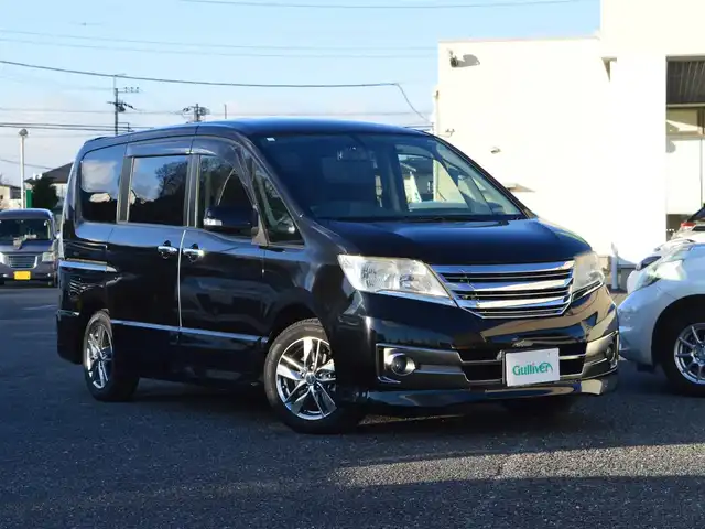 日産 セレナ ライダー ブラックライン 栃木県 2013(平25)年 5.2万km スーパーブラック ワンオーナー/クルーズコントロール/ALPINE製10.2インチフリップダウンモニター/安全装備/(VDC/ヒルスタートアシスト/アイドリングストップ)/両側パワースライドドア/純正SDナビ/(フルセグ/AM/FM/CD/DVD/BT)/ETC/キセノンヘッドライト/フォグランプ/オートライト/ステアスイッチ/新車保証書/記録簿/(H28/H29/H30/R2/R4/R6)/取扱説明書